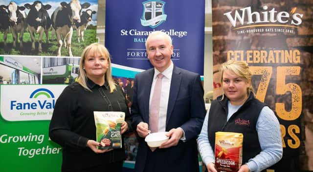 Pictured, from left, Geraldine Maguire, Fane Valley HR Manager, Paul Lavery, principal, St. Ciaran's College and Kelly Adams, White's Oats, marketing executive
