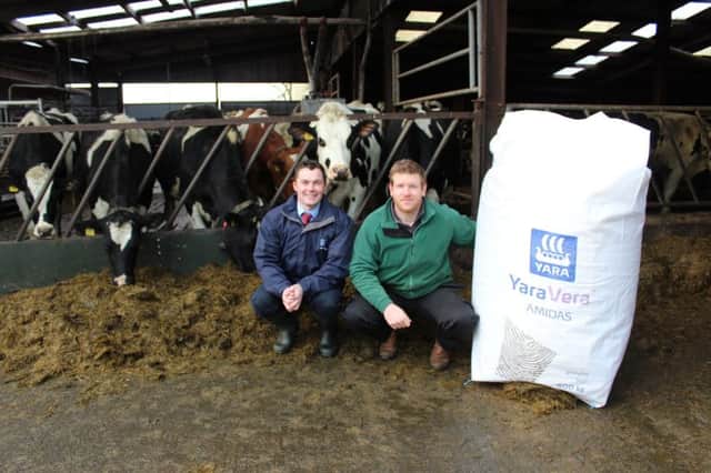 Yara Area Manager Andrew Morrison (left) out on farm with Coleraine milk producer David Campbell earlier this week.