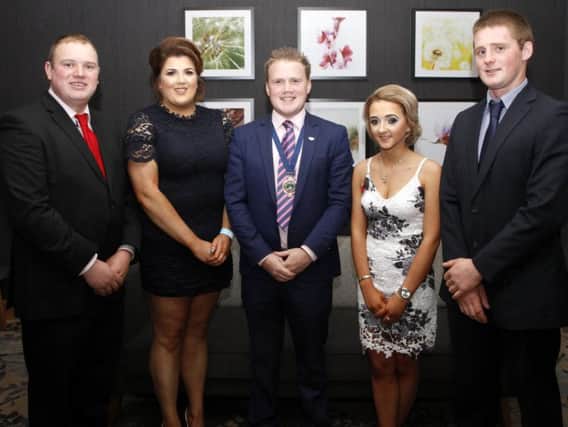 County Tyone YFC officials, pictured with guest speaker, YFCU president, Mr James Speers. Left to right are: Adam Wilson, county chairman, Cappagh YFC, Rebecca Mulligan, county secretary, Clogher Valley YFC, Natalie Burrows, county PRO, Cappagh YFC and Robert Keatley, county treasurer, Derg Valley YFC