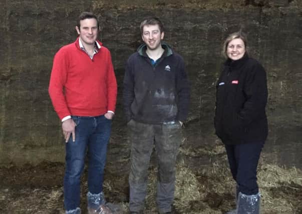 Winner of the YFCU silage making competition, Connor Cochraine from Moycraig YFC (middle) is pictured with judges Mary-Jane Robinson from Thompsons Feeding Innovation and Sammy Hill from Randalstown YFC