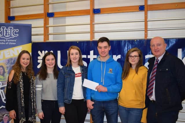 The Moneymore YFC team who were awarded second place at the NI Quiz, Megan Clarke, Alex Harkness, Dylan Clarke and Catherine Irvine pictured with Martin Convery, business development manager, Ulster Bank and Zita Blair, YFCU deputy president and quiz master for the evening