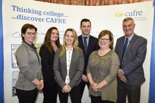 The panel at the Annual Careers and Bursary Presentations Event at Enniskillen Campus - Clare-Maria Curry (CMC Physiotherapist), Emma McCabe (Manager, Epic Management), Fiona Fitzgibbon (Manager of the Irish Equine Rehabilitation and Fitness Centre), Adam Nesbitt (Coolmore), Meta Osborne (Tinnakill House) pictured with the panel chair Leo Powell. Picture: Michael Cooper