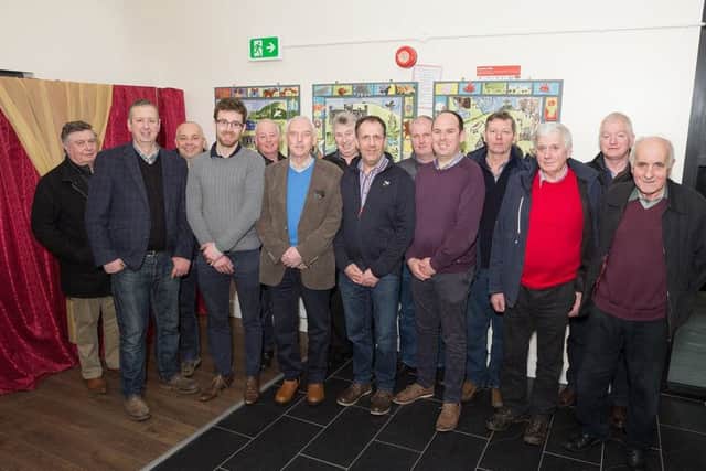 Roy Taylor joins fellow guest speakers Graham Campbell from CAFRE Rush Management and Dominic McCann from NI Water alongside the 2017-18 Mid Tyrone Lamb Producer's Group at their AGM in Aughabrack. Pictured from the committee are Martin Brogan, Leslie Buchanan, PRO, Rufus McFarland, Peter McBride, Bob Henry, John Francis Devine, Brian Kerlin, Eugene McCrossan, Treasurer, Paddy Joe Kearney, Coordinator, Hugh Devine, and Seamus Kearney, Secretary.