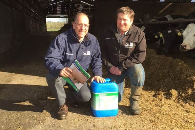 Paul Nunn, European Product Development Manager for Genus ABS  is pictured with Gordon Reid when he visited the farm of Robert & Gordon Reid in Banbridge to discuss the excellent performance of Valiant products on their 200 cow + dairy farm.
