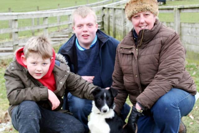 Shaun Procter, centre, with his 1,600gns top price pup, Ann, joined by buyer Caroline Hamilton, and nine-year-old David Mellor, whose mother, Rebecca Spooner, bought the top price 8,100gns broken dog. Picture: Moule Media, Skipton