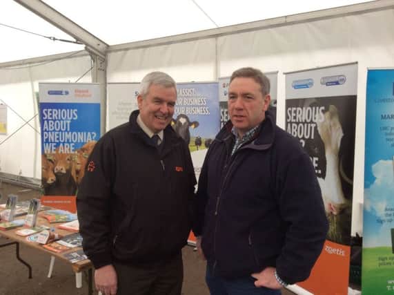 Patrick MacFarlane, Zoetis Senior Account Manager chats to William Chesney from Portglenone on the Zoetis stand at the NBA event at Dungannon Farmers Mart.
