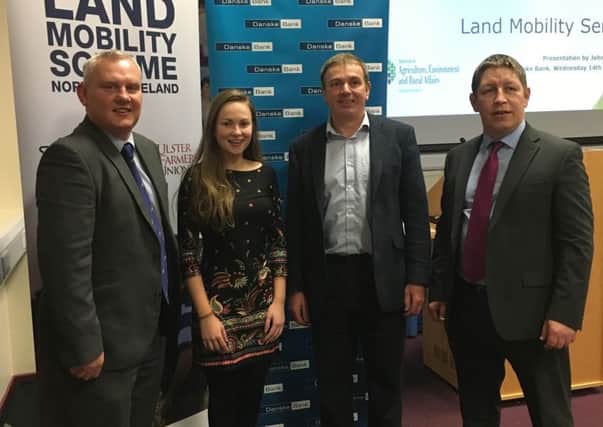 Pictured at the YFCU land mobility road show held in CAFRE, Loughry Campus are (left to right): John McCallister, YFCU and UFU Land Mobility Manager, Zita Blair, YFCU deputy president, Seamus McCormick, Danske senior agribusiness manager and Rodney Brown, Danske deputy head of agribusiness