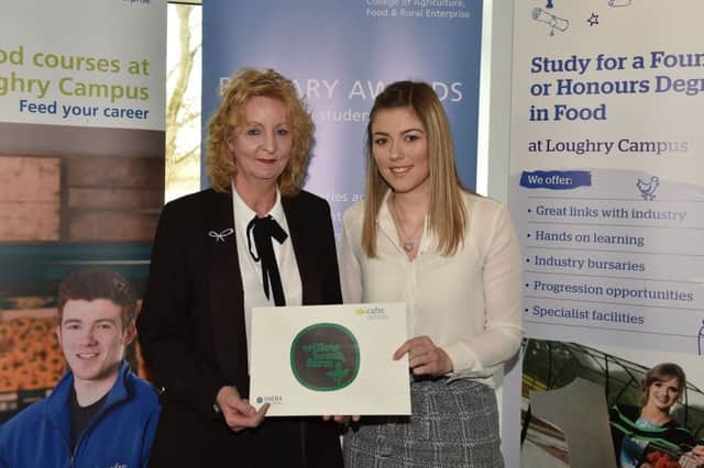 Wendy Sterritt, from the Willowbrook Food Innovation Centre, pictured with Bursary Award winner and second year Food Technology student Nicola Hempill, from Omagh