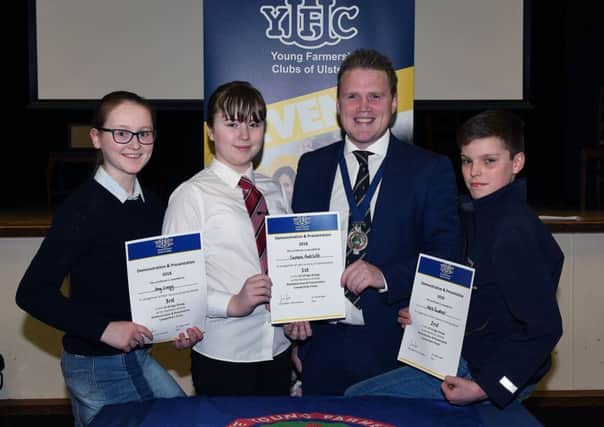 From left to right: Amy Gregg, Glarryford YFC, third, Samara Radcliffe, Annaclone and Magherally YFC, first, James Speers, YFCU president, and Mark Faulkner, Finvoy YFC, second