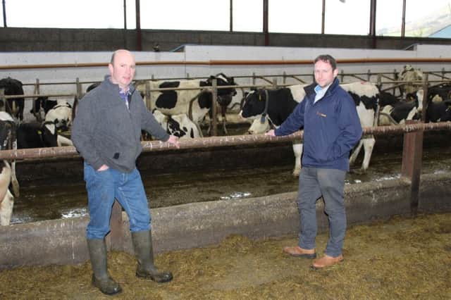 Canada-bound Andrew Evans (let) discussing his upcoming stock sales with Stephen Hamilton, from United Feeds
