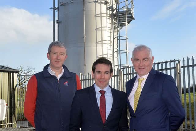 Pictured at the pioneering waste water treatment plant at ABPs Lurgan site are from left Seamus Kenny, General Manager ABP Lurgan; Michael Murray, Managing Director of NVP Energy and ABPs Sustainability Manager, John Durkan.