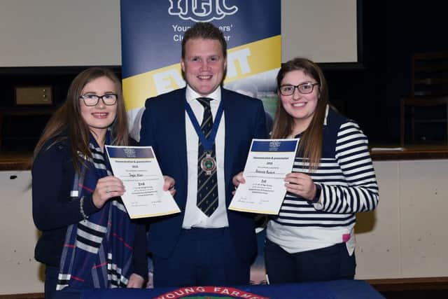 From left to right: Joyce Allen, Moneymore YFC, second, James Speers, YFCU president, and Rebecca Rankin, Kilraughts YFC, first
