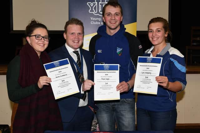 From left to right: Hannah Kirkpatrick, Kilraughts YFC, third, James Speers, YFCU president, Robert Smyth, Randalstown YFC, first, and Lynne Montgomery, City of Derry YFC, second