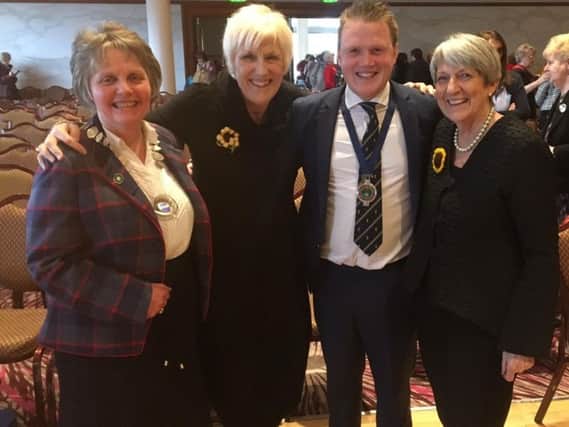 YFCU president, James Speers pictured at the Womens Institute recent AGM with WI president, Elizabeth Ward (left), Tricia Stewart and Angela Baxter (widow of John Baxter), whose true life story inspired the classic British film, Calendar Girls