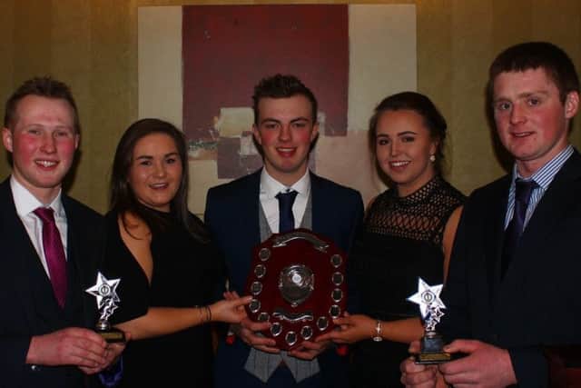 Top club leader, Alan Fleming Cappagh YFC, second place Robert Keatley Derg Valley YFC, third place Bryan McKinley Trillick YFC, pictured with judges Louise Halliday and Elaine Crozier, Collone YFC