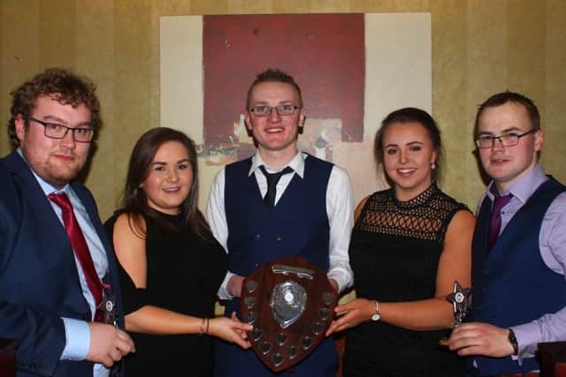 Top club treasurer Matthew Wilson Cappagh YFC, second place Mark Hamilton Derg Valley YFC, third place John Armstrong Trillick YFC pictured with judges Louise Halliday and Elaine Crozier, Collone YFC