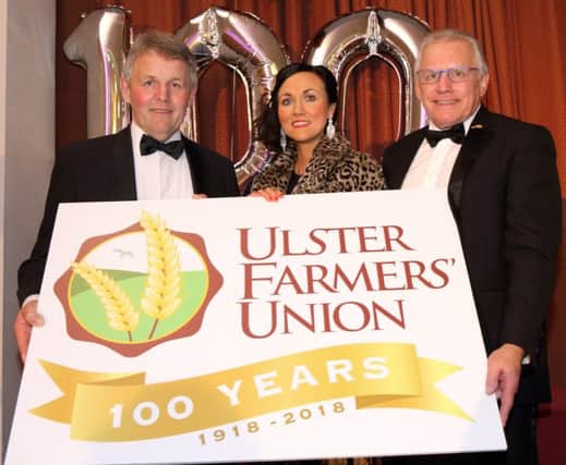 UFU president Barclay Bell with Kerry Anderson and Ian Crowe from the charity Air Ambulance NI. In its 100th year, the UFU are aiming to raise Â£100,000 for the live saving charity.