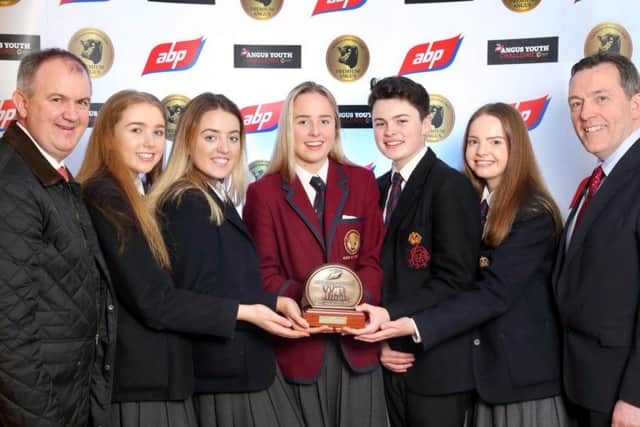 Belfast Royal Academy: Charles Smith, left, general manager of the Northern Irish Angus Producer Group, left, and George Mullan, right, managing director of ABP Northern Ireland, with Belfast Royal Academy pupils Hannah Hill, Charlotte Storey, Rachel Duff, Lorcan Convery and Lavia Meeke