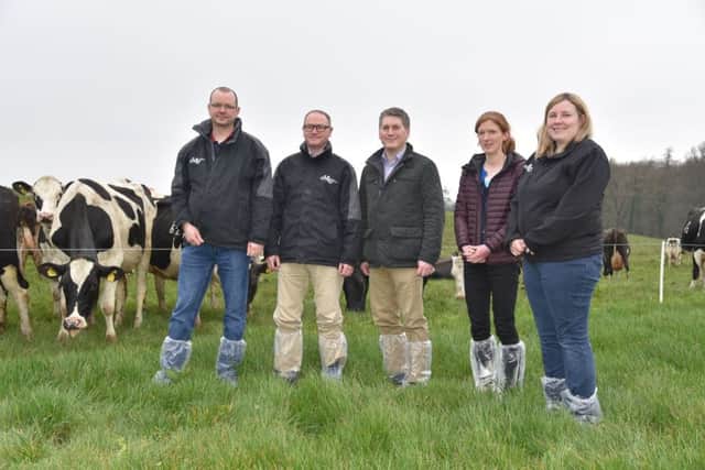 AFBI Scientists Drs Terence Fodey, Gary Lyons, David McCleery, Suzanne Higgins and Gillian Young (left to right) will be highlighting the latest research findings from AFBI at the Dairy Innovation Open Day, Hillsborough on 6 June.