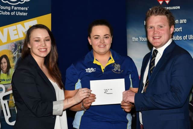Glarryford YFC were awarded best presentation for the Club of the Year competition. Pictured presenting the prize to Glarryford YFCU member Jessica Reid is Amy Bennington, Power NI (left) and YFCU president, James Speers (right)