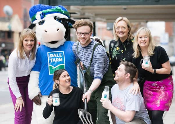 Caroline Martin, Head of Marketing with Dale Farm is pictured with Dale Farm mascot Bella; the cast and crew of 'Seasons of Safety' from Pintsized Productions; Mary Nagele, Arts & Business and Aine Dolan from Grand Opera House.