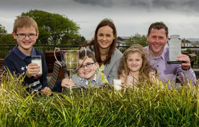The top award of Aurivo Milk Supplier of the Year, has been won by Donegal farmer Lorna Kilpatrick from Raphoe, Co. Donegal who was also awarded the prize in the Best Supplier in the Sustainable Dairy Assurance Scheme category. She is pictured with husband Paul and children Luke, Reece and Amy, Aurivo Milk Awards 
Photo: James Connolly
09MAY18