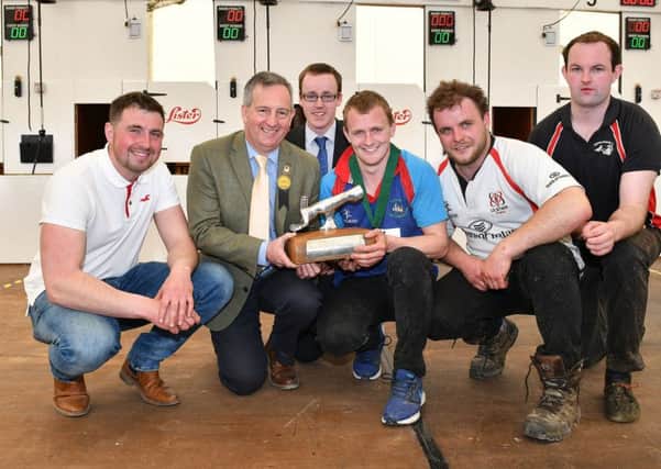 Pictured (left-right) second place winner, Sean McCollum, The Glens YFC, David John from sponsor, Lister Shearing, William Beattie, YFCU vice president, first place winner of the YFCU advanced sheep shearing competition, Russell Smyth, Coleraine YFC and third place winner, Chris Coulter, Straid YFC. Also pictured is Stephen Morgan, Spa YFC, winner of the quality prize for the pen of best shorn sheep