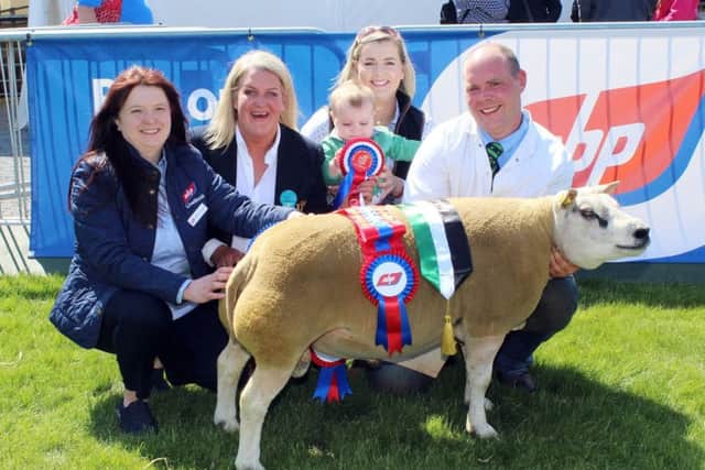 Gary and Julie Scott and their young son, Harry, with their Beltex Show Champion at Balmoral, Heber Park Batman. Also included are Heather Pennington from sponsors, ABP Food Group and Show Judge, Alison McCrabbe