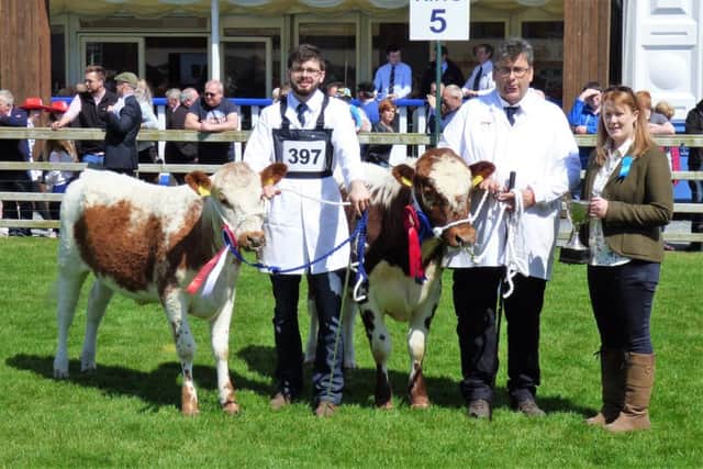 Champion Irish Moiled Pair went to Brian O'Kane included also  in photo is Caillin O'Kane and Judge Valerie Orr.