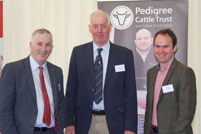 Will Short, centre, Pedigree Cattle Trust, welcomes Victor Chestnutt, deputy president Ulster Farmers' Union; and Jason Booth, chairman, Holstein NI, to the breakfast meeting at Balmoral Show.