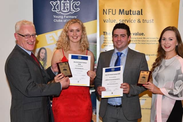 David Cairns, NFU Mutual, presents Joy Dalzell of Newtownards YFC with a plaque for the most promising actress, one act drama. Andrew Patton, Newtownards YFC collects a plaque for the most promising actor, one act drama from YFCU deputy president, Zita Blair