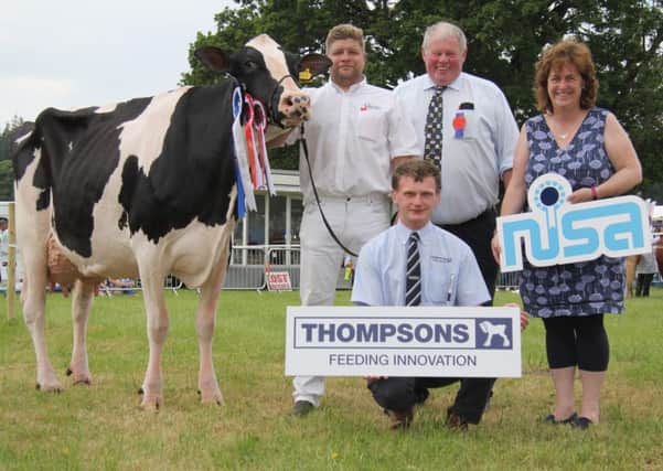 Holstein cow Glasson Supersonic G Gail bred by Simon Haffey, Portadown, qualified at Armagh Show for the Thompsons/NISA Dairy Cow Championship. Included are judge David Boyd, Glaslough; Fiona Patterson, chairman, NISA; and Andrew Douglas, Thompsons. Picture: Julie Hazelton/Kevin McAuley Photography Multimedia