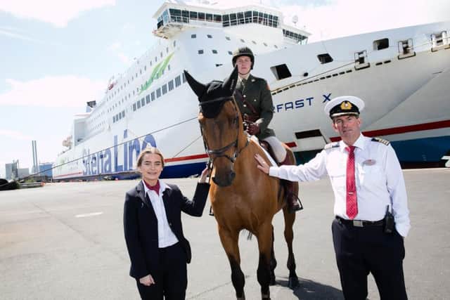 Pictured at the announcement of Stena Lines title sponsorship of the Stena Line 2018 Dublin Horse Show are (left to right): Caitlin Hyland, Customer Service Representative, Stena Line; Second Lieutenant James Whyte with Rolestown of the Irish Army Equitation School, McKee Barracks and Capt. Adrian Delaney, Senior Master, Stena Superfast X.  This years event takes place from 812 August at the RDS and will see over 1 500 horses and ponies competing across 132 classes and competitions.