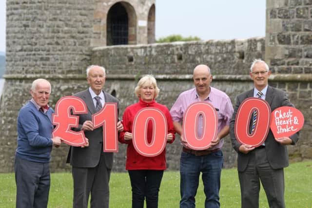 Antrim Agricultural Society recently donated Â£1,000 to Chest Heart Stroke Northern Ireland in memory of the late George Robson senior, past Patron. Valerie Saunders (centre) is pictured depicting the amount with some of the directors of the Society (from left): Robert Wallace, Fred Duncan, George Robson and Brian Hunter.