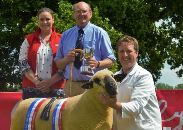 The Champion sheep from Sean Doyle with Jenny Crozier Redmills and judge Jim Cresswell