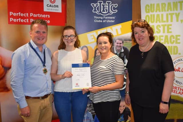 Hannah Cromie, Rathfriland YFC and Judith McKinley, Trillick and District YFC were awarded joint third place in the senior section of the home management final. Hannah (second from left) and Judith (third from left) are pictured with YFCU president, James Speers (left) and Paula McIntyre (right)
