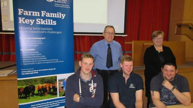 CAFRE Agricultural Business Operations (Level II) lecturer Ian Hassard pictured with Josh Armstrong from Maguiresbridge, Daniel Thornton from Derrylin and Matthew Sproule from Newtownstewart who all successfully completed the Level 2 course in 2017/18 at a Business Planning seminar held at Enniskillen Campus. Also included in the picture is Gillian Reid of Rural Support.
