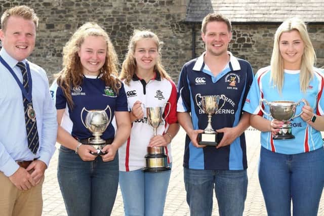 Pictured are the winners of first place awards in the beef stock judging competition. YFCU president, James Speers (left) congratulates winners, Anna Clements, Spa YFC, Victoria Currie, Kilraughts YFC, Geoff McNeill, Garvagh YFC and Louise Conn, Dungiven YFC. Also pictured Sarah McCoy, Ulster Bank representative and competition sponsor. Absent from photograph: Lynsay Hawkes, Seskinore YFC and Ellen Crawford, Seskinore YFC