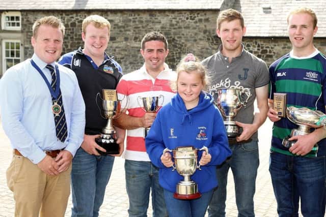 Pictured are the winners of first place awards in the dairy stock judging competition. YFCU president, James Speers (left) congratulates winners, Gareth Baird, Straid YFC, Andrew Patton, Newtownards YFC, Holly Miller, Dungiven YFC, Robert Stewart, Newtownards YFC and Samuel McMurray, Annaclone and Magherally YFC. Also pictured, Sarah McCoy, Ulster Bank representative and competition sponsor. Absent from photograph: Christina McConnell, Holestone YFC