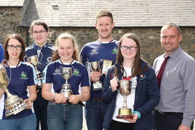 Pictured are the winners of first place awards in the sheep stock judging competition. YFCU president, James Speers (left) congratulates winners, Paul Adams, Coleraine YFC, Nicola Edgar, Spa YFC, Claire Holmes, Curragh YFC, Anna Clements, Spa YFC, Samuel McConnell, Spa YFC and Amy McCollum, Coleraine YFC. Also pictured, Connor McNeill, Ulster Bank representative and competition sponsor