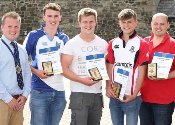Pictured are the winners of first place awards in the silage assessment competition. YFCU president, James Speers (left) congratulates winners, Richard Johnston, Randalstown YFC, James Purcell, Dungiven YFC, Mark McNeill, Kilraughts YFC and David Oliver, Dungiven YFC. Also pictured, Carolyn McKendry, Thompsons Ltd representative and competition sponsor. Absent from photograph: Anna Connell, Dungiven YFC and Adam Hawkes, Seskinore YFC