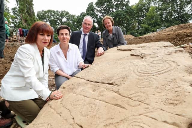 From left to right: Pictured at the recently discovered Megalithic passage tomb within the Brú na Bóinne World Heritage Site is: the Republic of Ireland Minister for Culture, Heritage and the Gaeltacht, Josepha Madigan, Dr ClÃodhna Nà Lionáin, Devenish's lead archaeologist, Devenish executive chairman Owen Brennan and his wife Professor Alice Stanton