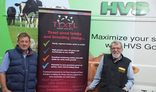 Peter Boyd, Poseyhill Texels Ballyclare, is this year's host for the NI Texel Club Open Night.  Pictured is Sammy Wright HVS Animal Health handing over kind sponsorship in advance of the event to be held on  August 4 at 7pm