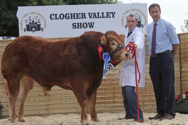 Cormac McKervey, Ulster Bank, is pictured with Shane McGeehan, Brookeborough, who exhibited the reserve Limousin champion at Clogher Show. Picture: Julie Hazelton
