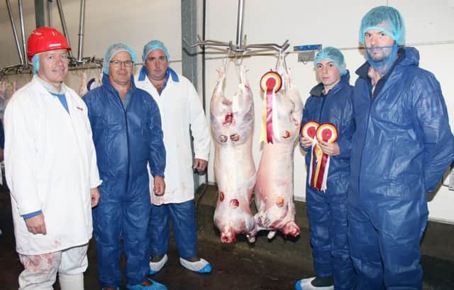 Jason Cunningham, second right, Champion Pair in the Beltex Cross-bred Sheep Carcass Competition with, from left, competition judge, Kenny Linton, Dunbia, Colin Barnes and Seamus Kelly, Irish Beltex Sheep Breeders Club and Kieran Donnelly, Provita.