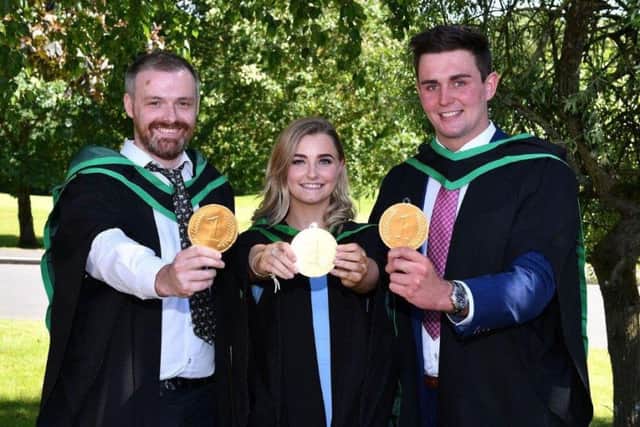 1st Class Success - Pictured from left to right. Patrick ONeill, Business Unit Manager, Moy Park celebrates his 1st class honours achievement with fellow graduates Ashleigh Irwin, Technical Graduate with Foyle Food Group and Jay Price who is pursuing an MSc in Business and Finance with Queens University Belfast. These graduates leave Loughry with a secure future and lots of great memories.