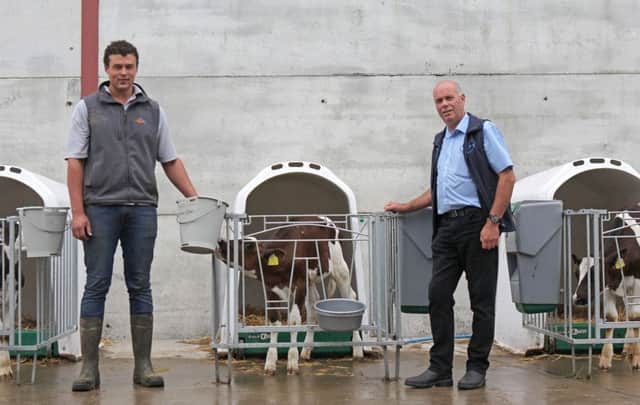 Maurice Wylie, right, Irwin Farm Supplies, discusses the health benefits of rearing calves in outdoor hutches with Joshua Ebron, herd manager at the Richardson family's Annaghmore Herd in County Armagh. Picture: Julie Hazelton