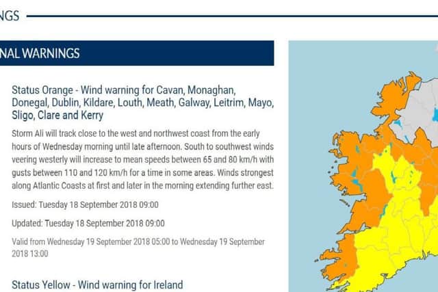The Road Safety Authority (RSA) in the Republic of Ireland is asking road users to exercise caution while using the roads on Wednesday as Met Ã‰ireann has issued an orange weather warning for strong winds for Ireland as Storm Ali approaches
