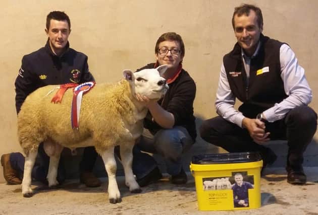 Lot 39 from Bunnahesco Flock of Ernest Hogg, Farmcare Champion sold to Norman Reid with sponsor Mark Crawford Farmcare Products and judge Robbie Foster.