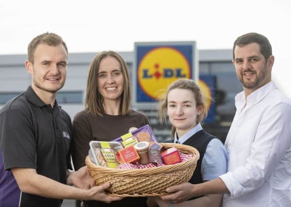 Pictured from left to right, Connor Morgan from Oh So Lean, Tara Mullan from Refuge Hot Chocolate, Joel Kerr from Curious Farmer and Lidl Andersonstown Deputy Store Manager Rebecca ONeill.